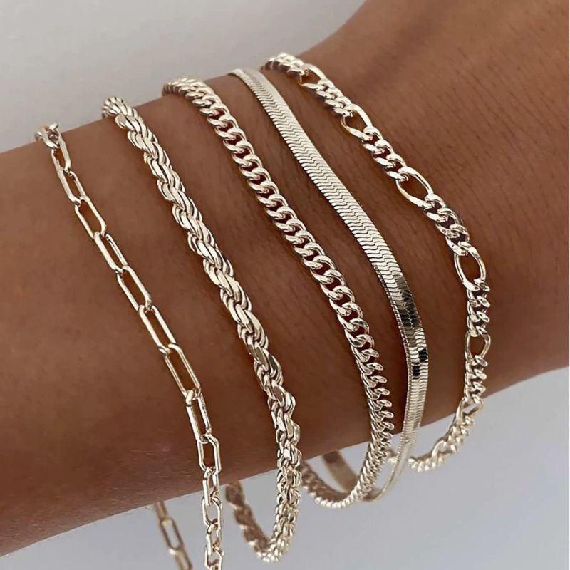 5pcs Silver Bracelets For Women, 14K Silver Plated Dainty Bracelets Set For Women Trendy Adjustable Stackable Bracelets - Axiomtech